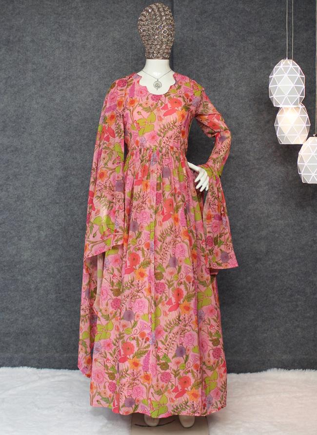 Georgette Pink Traditional Wear Printed Readymade Anarkali Suit